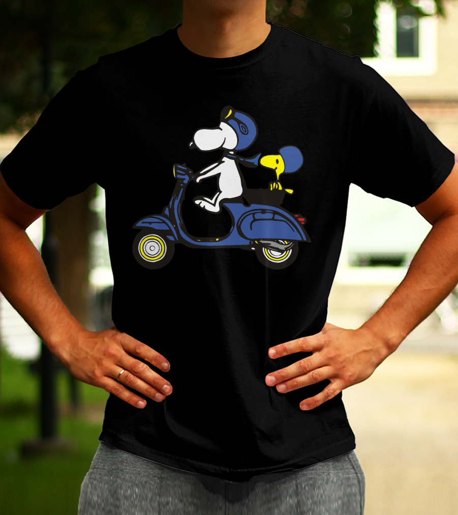 Snoopy And Woodstock Riding Blue Vespa With Helmets T-Shirt