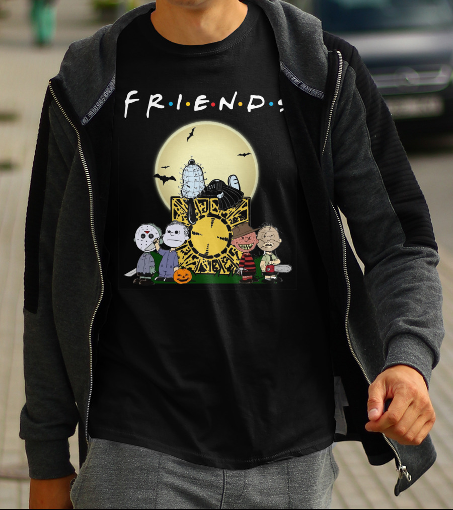 Friends Peanuts Horror Movie Characters Crossover Featuring Iconic Monsters And Symbols T-Shirt