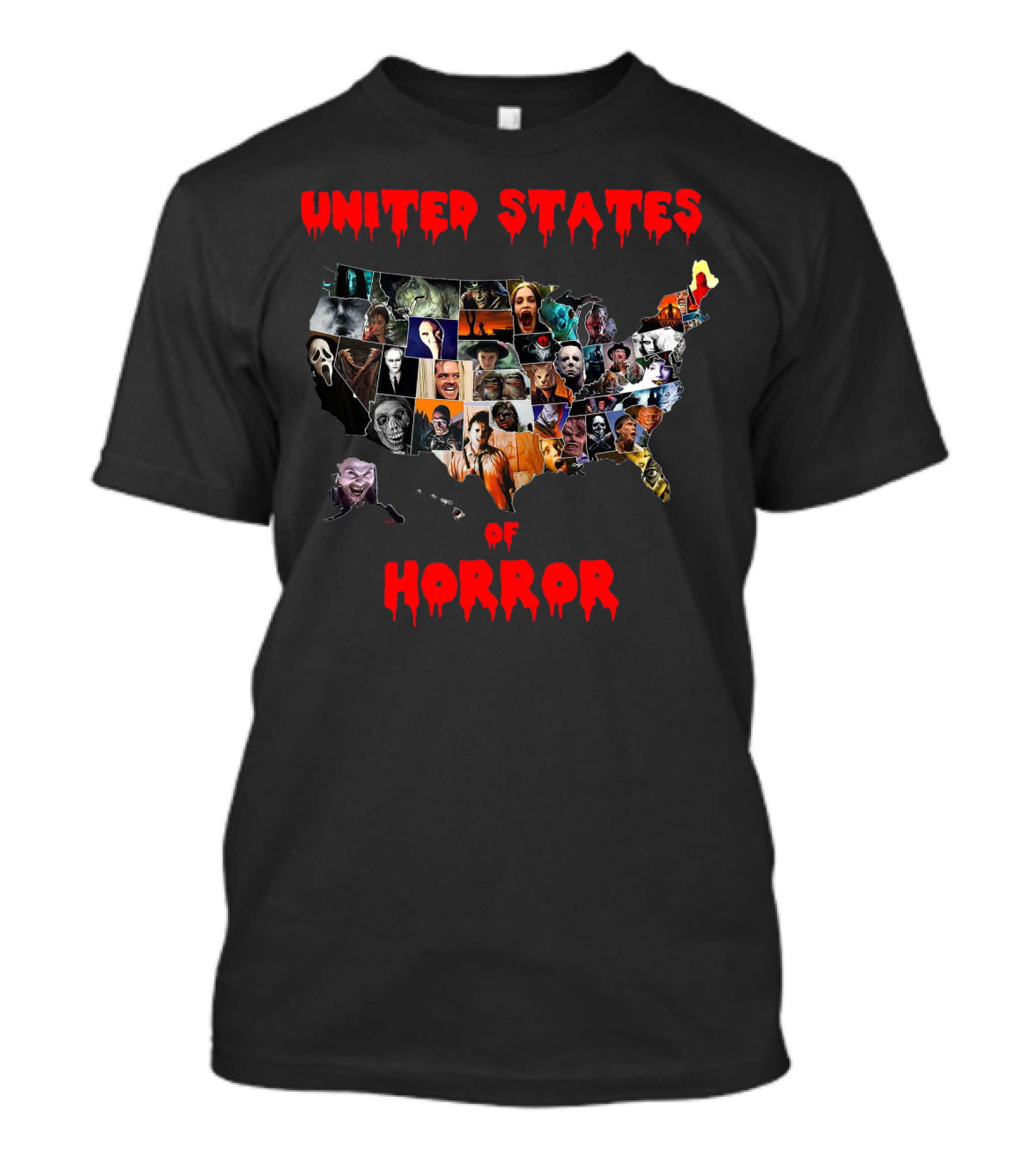 United States Of Horror Map Featuring Iconic Characters T-Shirt