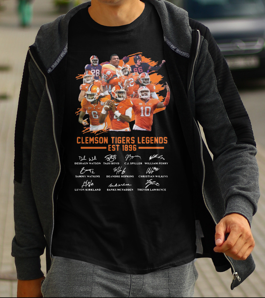 Clemson Tigers Legends Est 1896 Deshaun Watson Tajh Boyd C.J. Spiller William Perry Sammy Watkins Deandre Hopkins Christian Wilkins Levon Kirkland Banks McFadden Trevor Lawrence T-Shirt