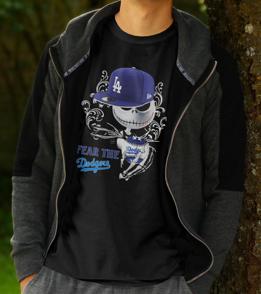 Fear The Dodgers Jack Skellington LA Dodgers Hat Baseball Scene T-Shirt