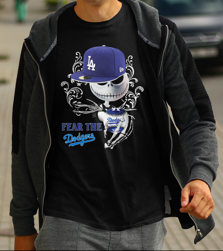 Fear The Dodgers Jack Skellington LA Dodgers Hat Baseball Scene T-Shirt