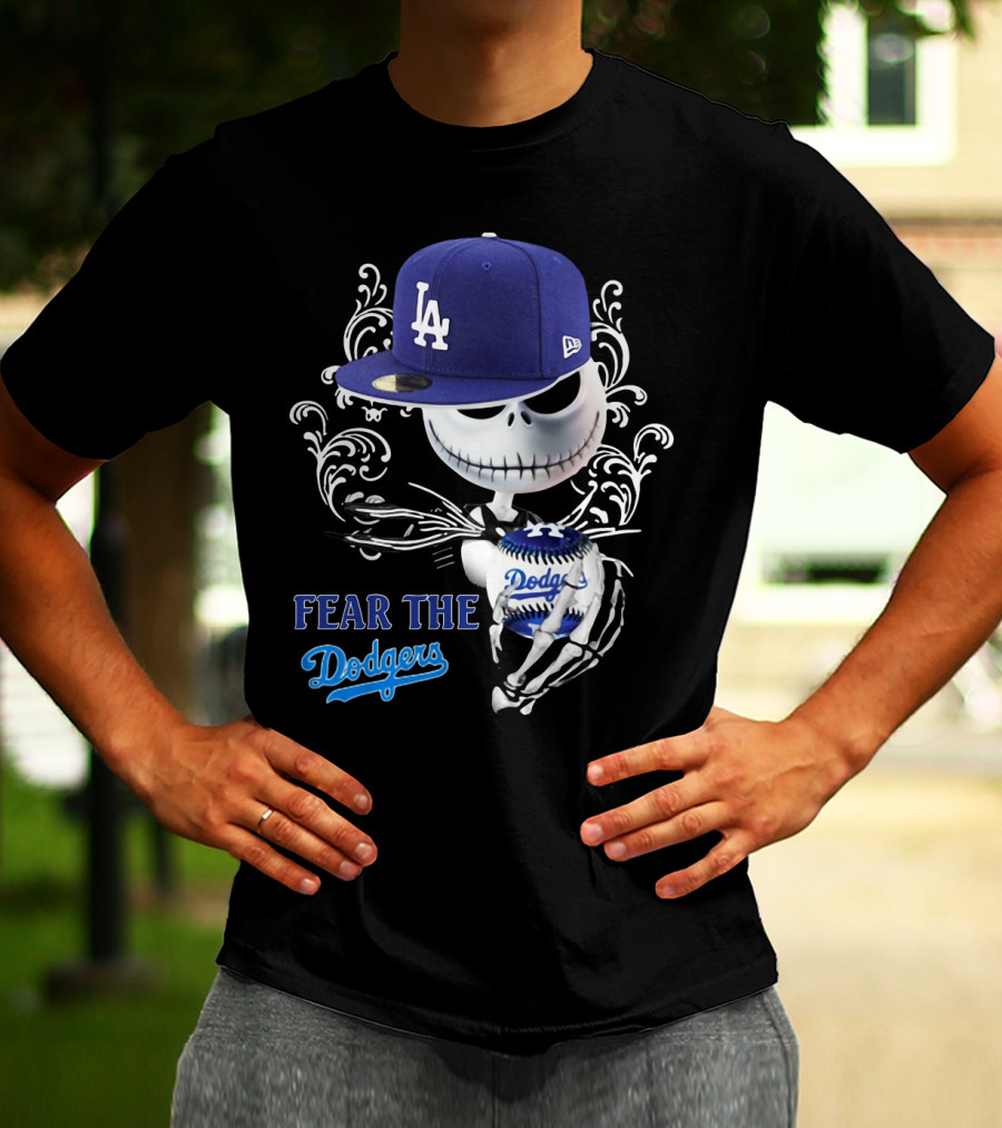 Fear The Dodgers Jack Skellington LA Dodgers Hat Baseball Scene T-Shirt
