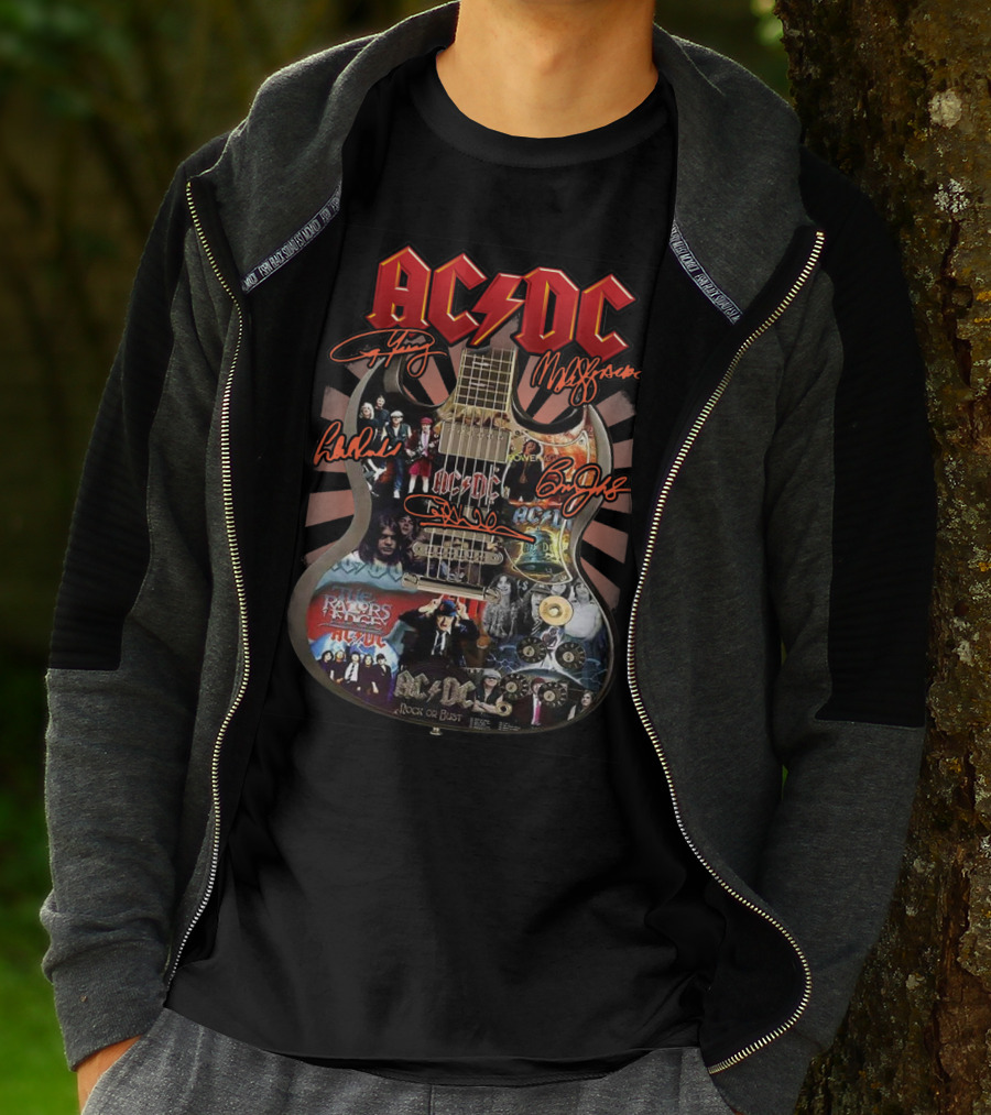 Ac Dc Rock Or Bust Collage Guitar With Autographs And Album Covers T-Shirt