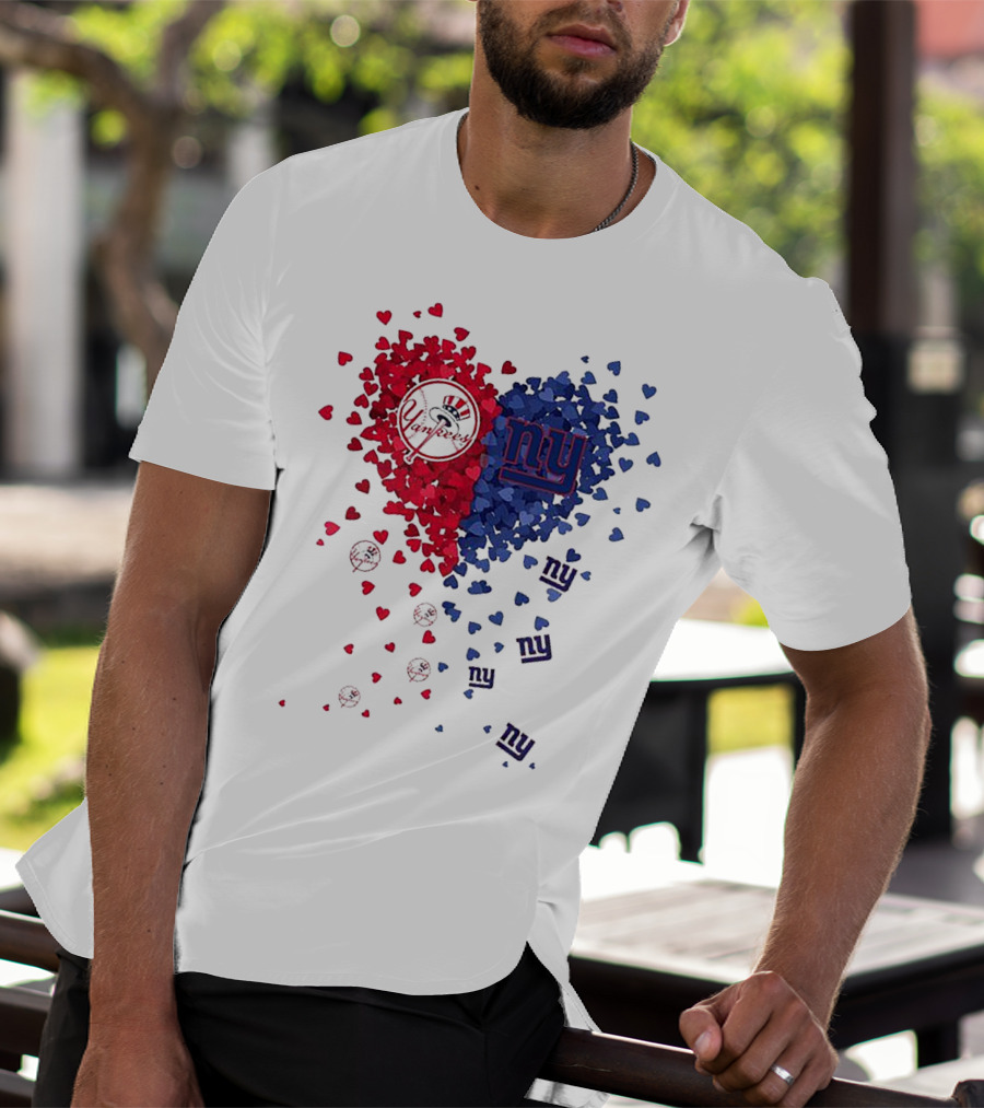 New York Yankees Giants Heart Shaped Logos With Red And Blue Hearts T-Shirt