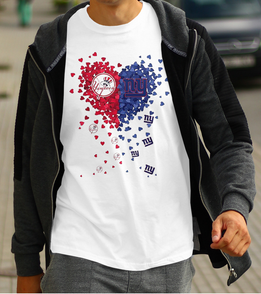 New York Yankees Giants Heart Shaped Logos With Red And Blue Hearts T-Shirt