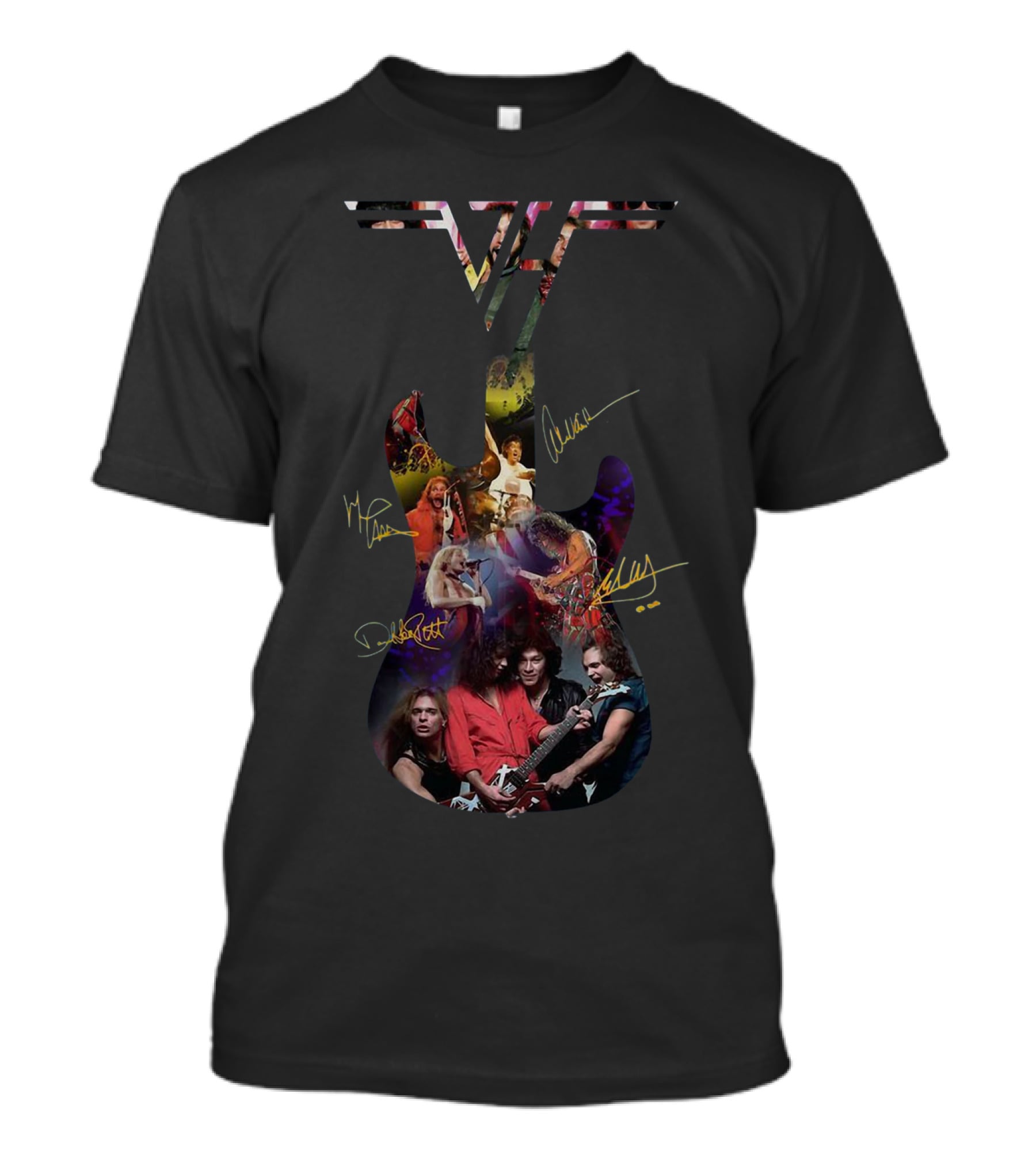 Van Halen Guitar Signed Collage With Band Members T-Shirt