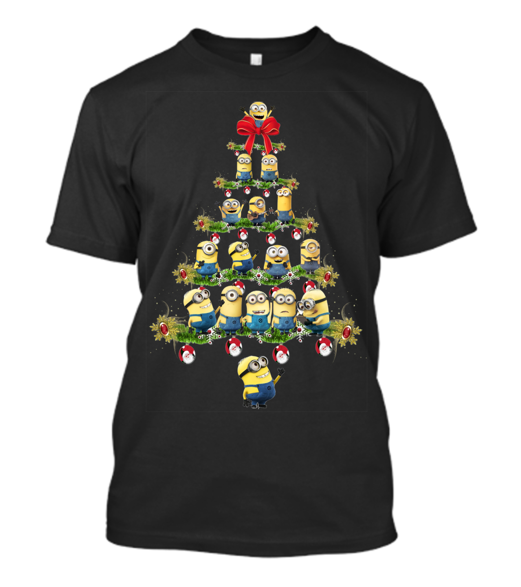 Minions In A Christmas Tree Formation With Festive Decorations T-Shirt