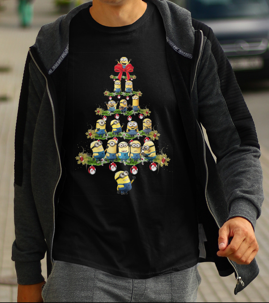 Minions In A Christmas Tree Formation With Festive Decorations T-Shirt