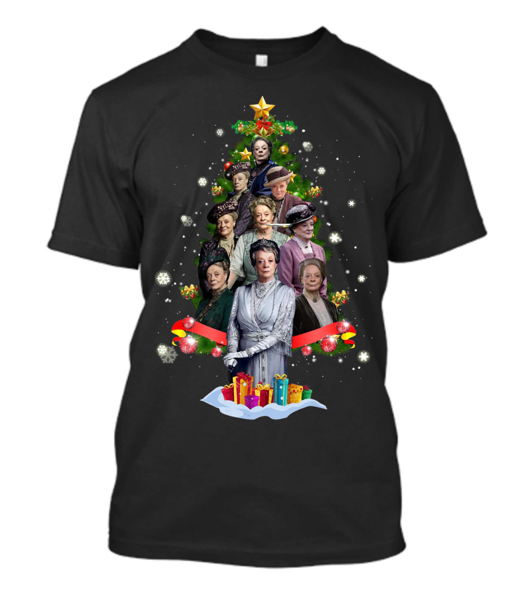 Violet Crawley Christmas Tree Character Montage With Holiday Decorations And Gifts T-Shirt