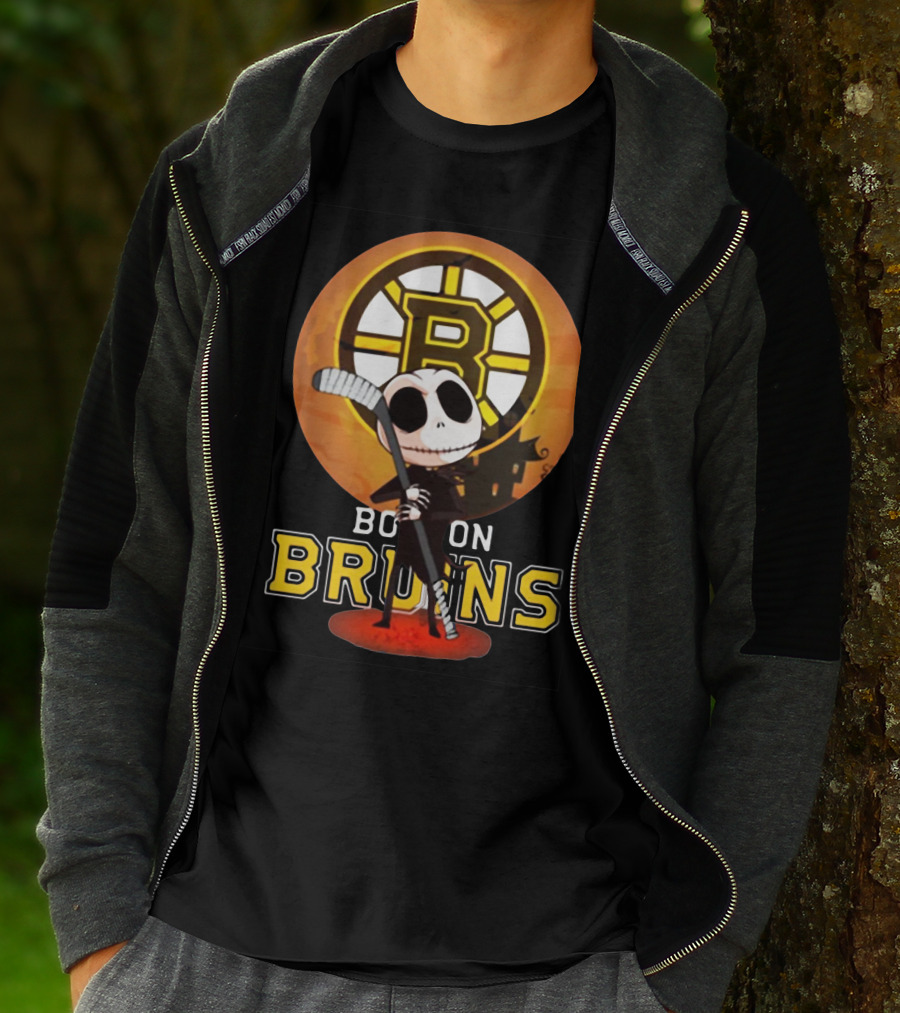 Boston Bruins Jack Skellington Holding Hockey Stick T-Shirt
