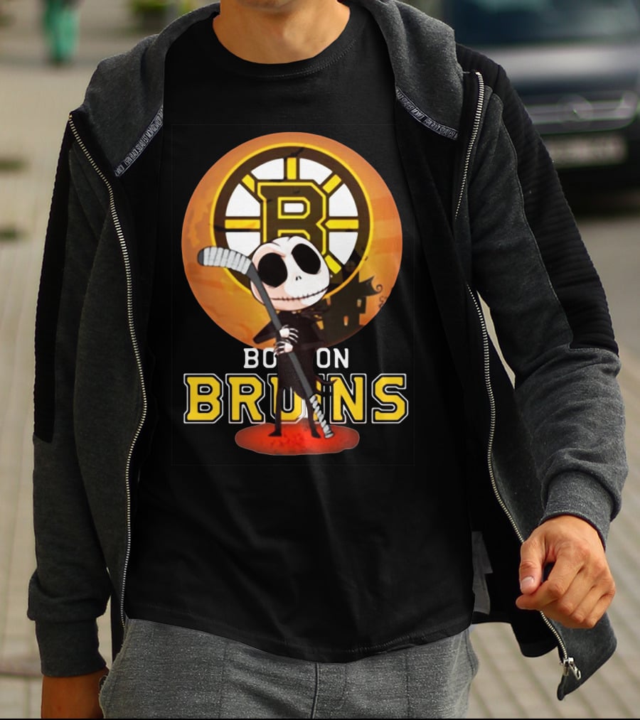 Boston Bruins Jack Skellington Holding Hockey Stick T-Shirt