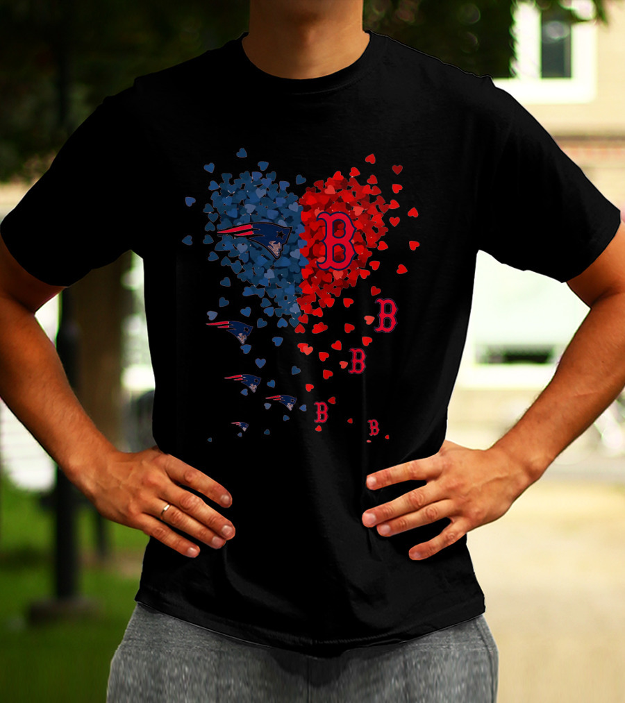 I Love New England Patriots Hearts Boston Red Sox Hearts T-Shirt