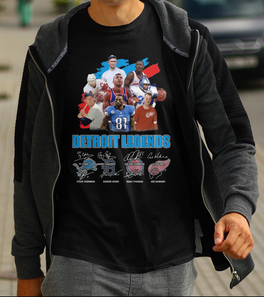 Detroit Legends Ty Cobb Barry Sanders Calvin Johnson Steve Yzerman Gordie Howe Isiah Thomas Al Kaline Joe Dumars T-Shirt