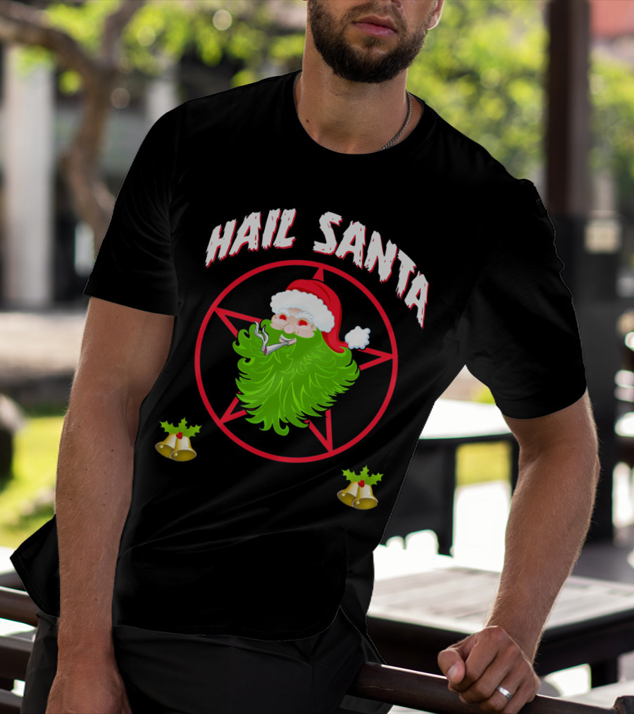 Hail Santa Pentagram Smoking Holly Bells T-Shirt