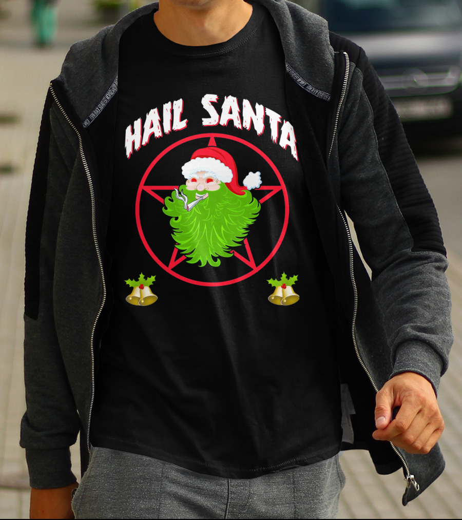 Hail Santa Pentagram Smoking Holly Bells T-Shirt