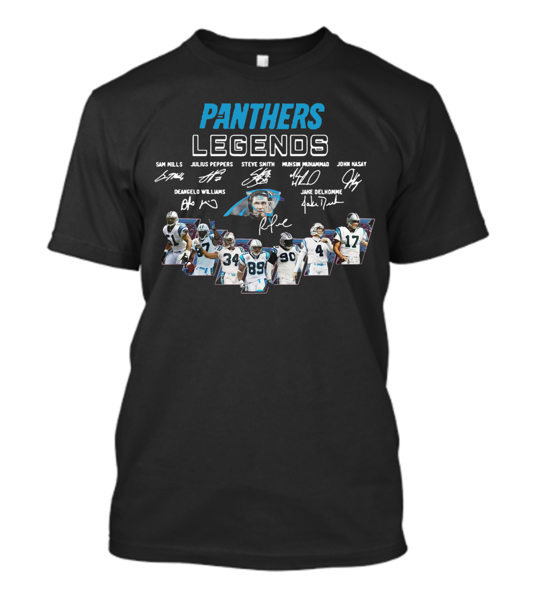 PANTHERS LEGENDS SAM MILLS JULIUS PEPPERS STEVE SMITH MUHSIN MUHAMMAD JOHN KASAY DEANGELO WILLIAMS JAKE DELHOMME T-Shirt