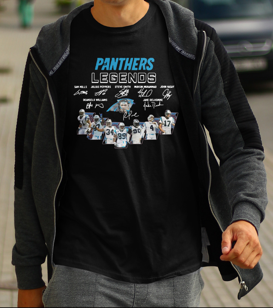 PANTHERS LEGENDS SAM MILLS JULIUS PEPPERS STEVE SMITH MUHSIN MUHAMMAD JOHN KASAY DEANGELO WILLIAMS JAKE DELHOMME T-Shirt