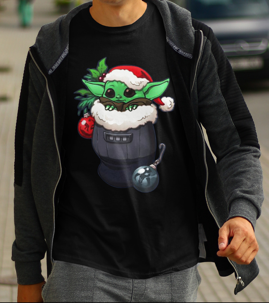 Baby Yoda Christmas Santa Hat Stocking With Ornaments T-Shirt