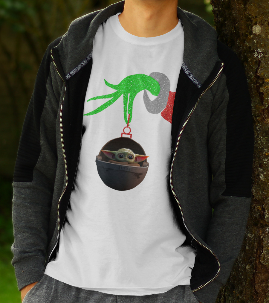 Grinch Hand Glitter Holding Baby Yoda T-Shirt
