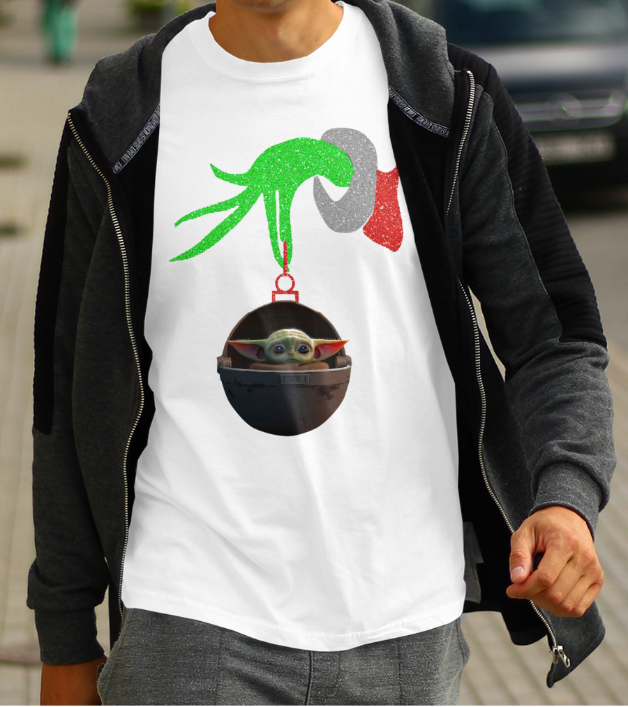 Grinch Hand Glitter Holding Baby Yoda T-Shirt