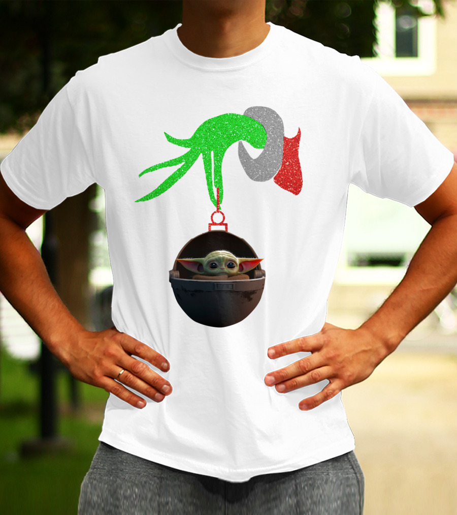 Grinch Hand Glitter Holding Baby Yoda T-Shirt
