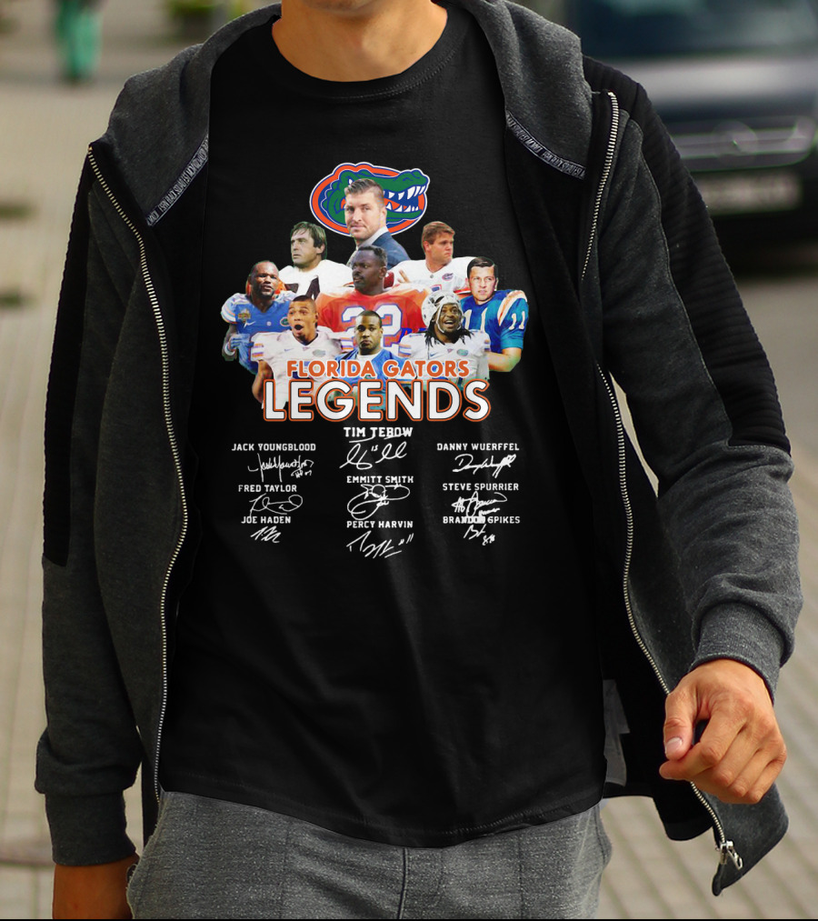 FLORIDA GATORS LEGENDS JACK YOUNGBLOOD TIM TEBOW DANNY WUERFFEL FRED TAYLOR EMMITT SMITH STEVE SPURRIER JOE HADEN PERCY HARVIN BRANDON SPIKES T-Shirt