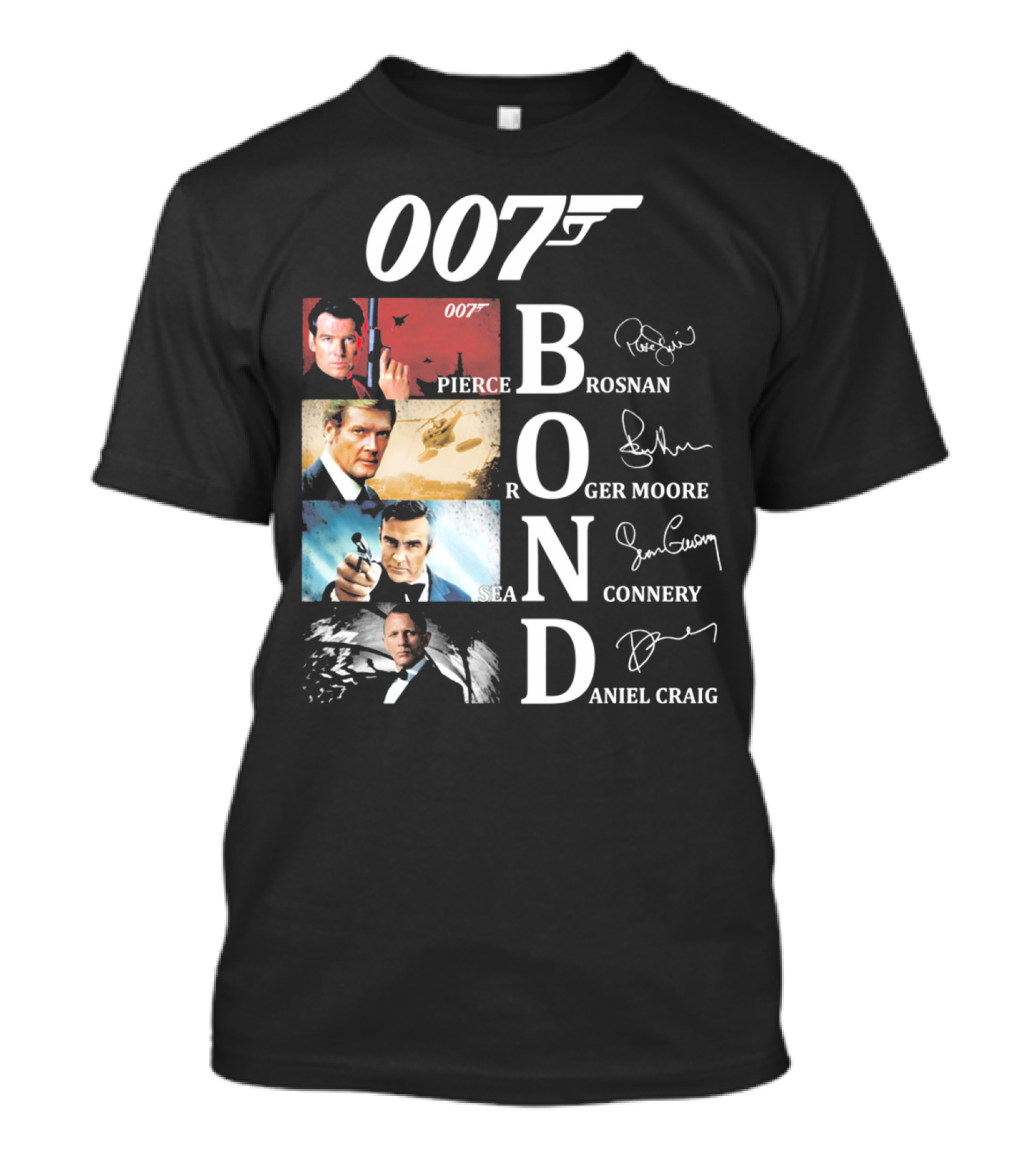 Bond Evolution Pierce Brosnan Roger Moore Sean Connery Daniel Craig T-Shirt