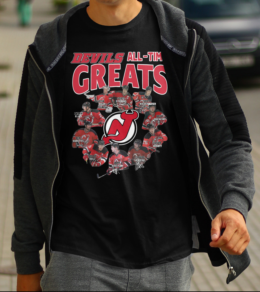 New Jersey Devils All-Time Greats Martin Brodeur Scott Stevens Scott Niedermayer Patrik Elias Ken Daneyko Brian Rafalski Taylor Hall John MacLean Claude Lemieux Jason Arnott T-Shirt