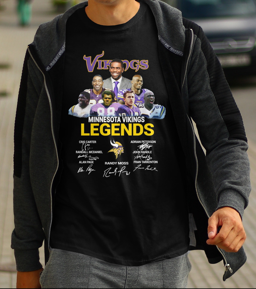 Minnesota Vikings Legends Cris Carter Randy Moss Adrian Peterson John Randle Randall McDaniel Alan Page Fran Tarkenton T-Shirt