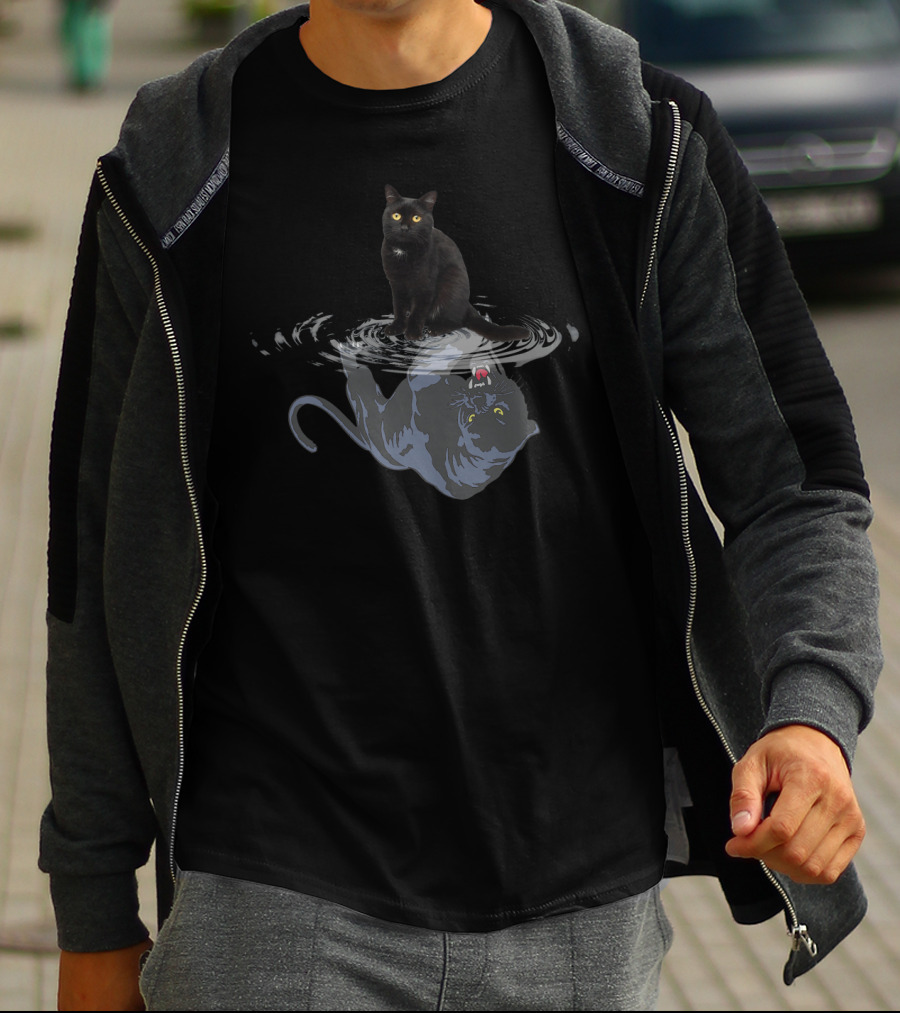 Black Cat Water Reflection Mirror Black Panther Reflection T-Shirt