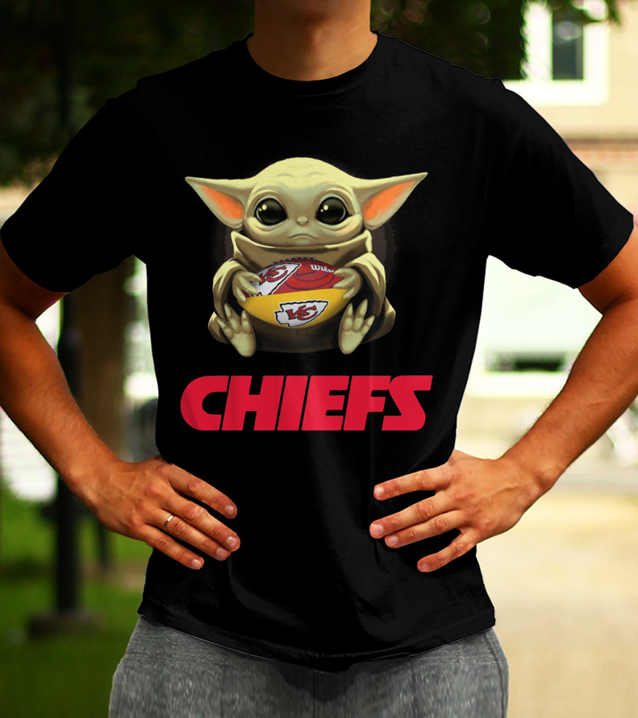 Baby Yoda Hugging Kansas City Chiefs Football T-Shirt