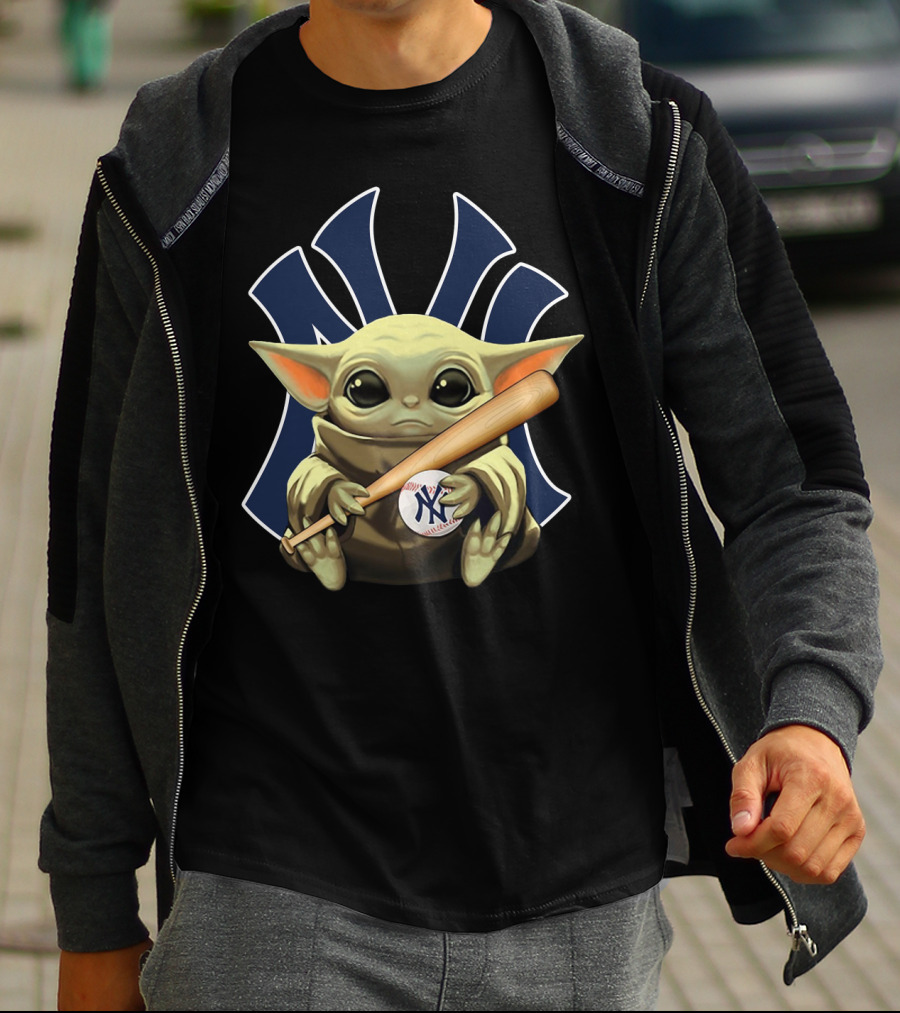 Baby Yoda Holding Baseball And Bat With New York Yankees T-Shirt