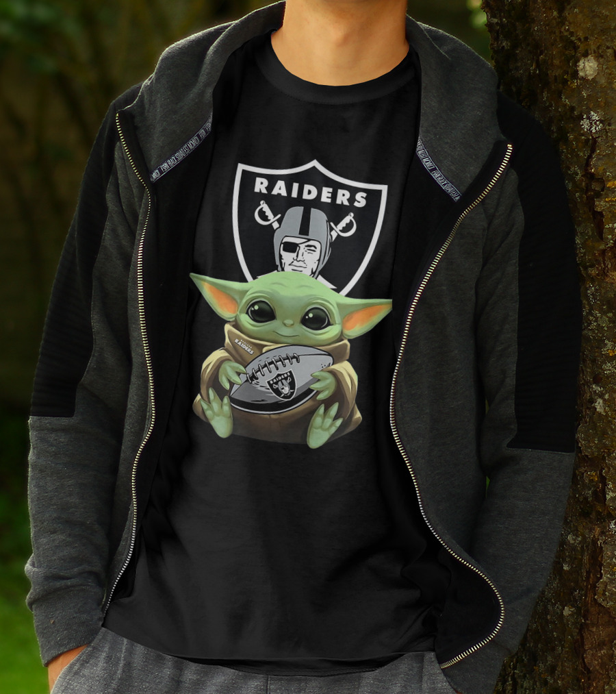 Raiders Baby Yoda Hugs Football With Shield T-Shirt