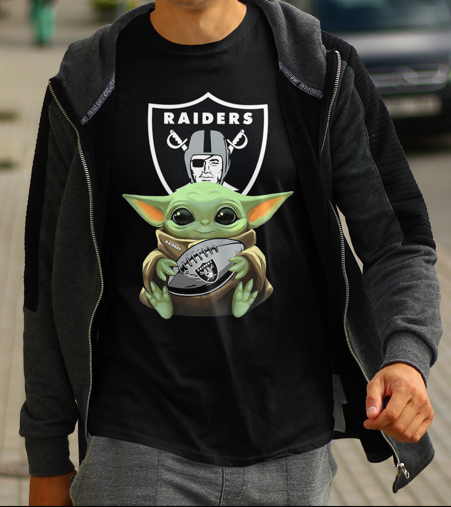 Raiders Baby Yoda Hugs Football With Shield T-Shirt