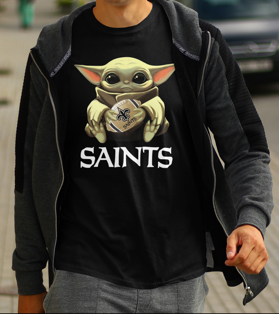 Baby Yoda Holding New Orleans Saints Football T-Shirt