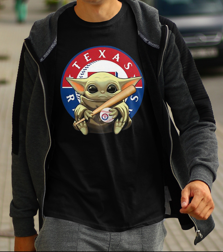 Baby Yoda Texas Rangers Baseball Fan With Bat And Ball T-Shirt