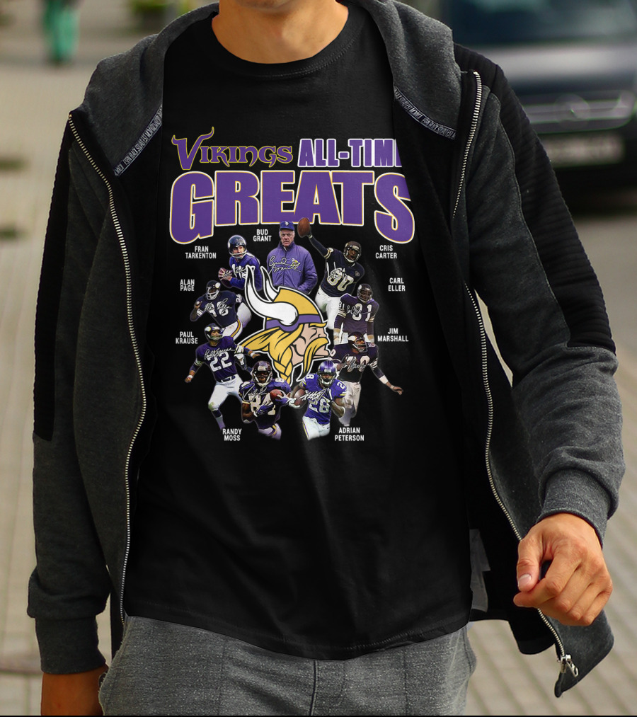 Vikings All-Time Greats Fran Tarkenton Bud Grant Cris Carter Alan Page Paul Krause Randy Moss Adrian Peterson Carl Eller Jim Marshall T-Shirt