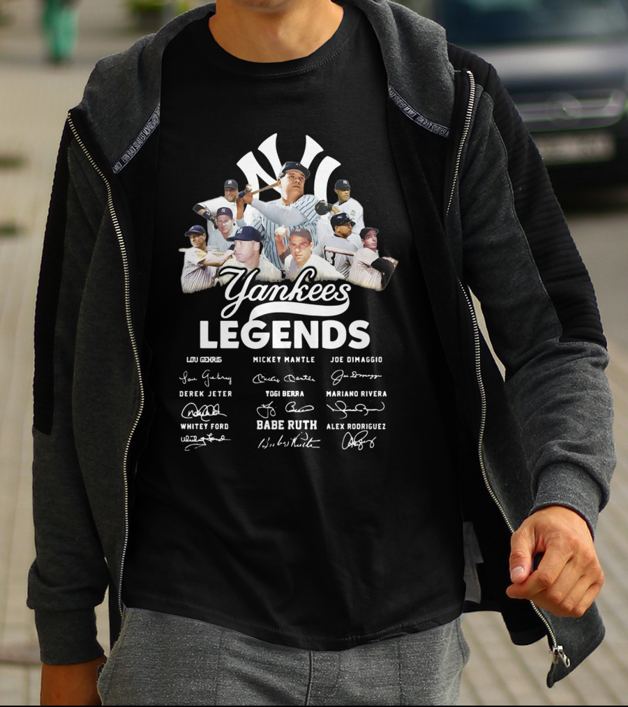 Yankees Legends Lou Gehrig Mickey Mantle Joe Dimaggio Derek Jeter Yogi Berra Mariano Rivera Babe Ruth Alex Rodriguez Whitey Ford T-Shirt
