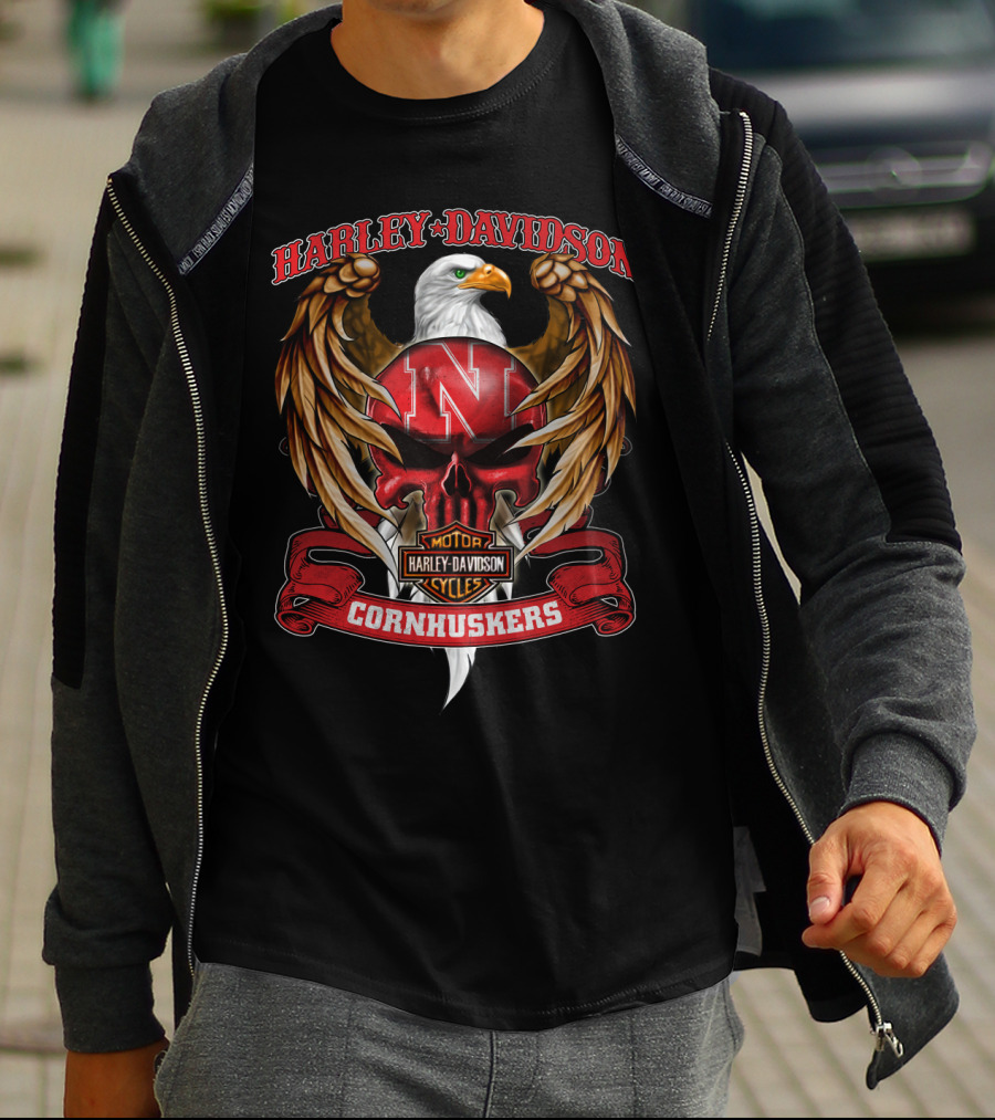 Harley Davidson Cornhuskers Nebraska N Eagle Skull Motor Cycles T-Shirt