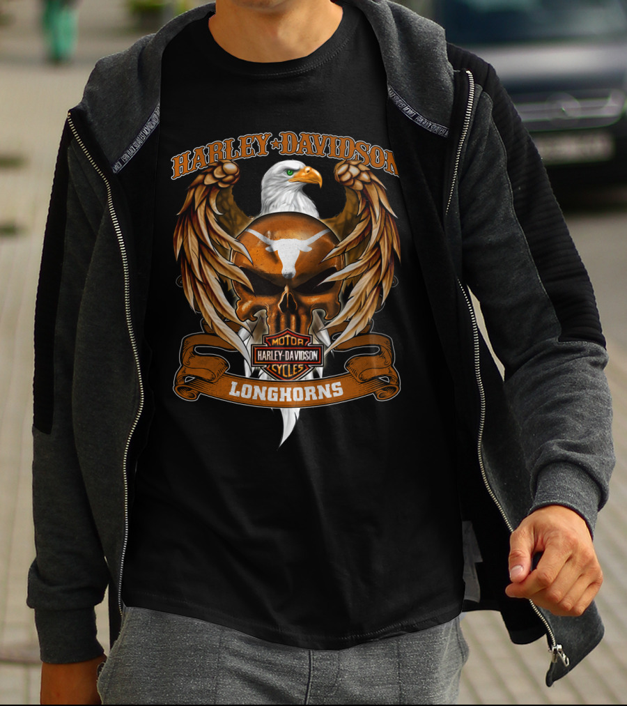 Harley Davidson Longhorns Texas Ncaa Motorcycle Eagle Skull T-Shirt