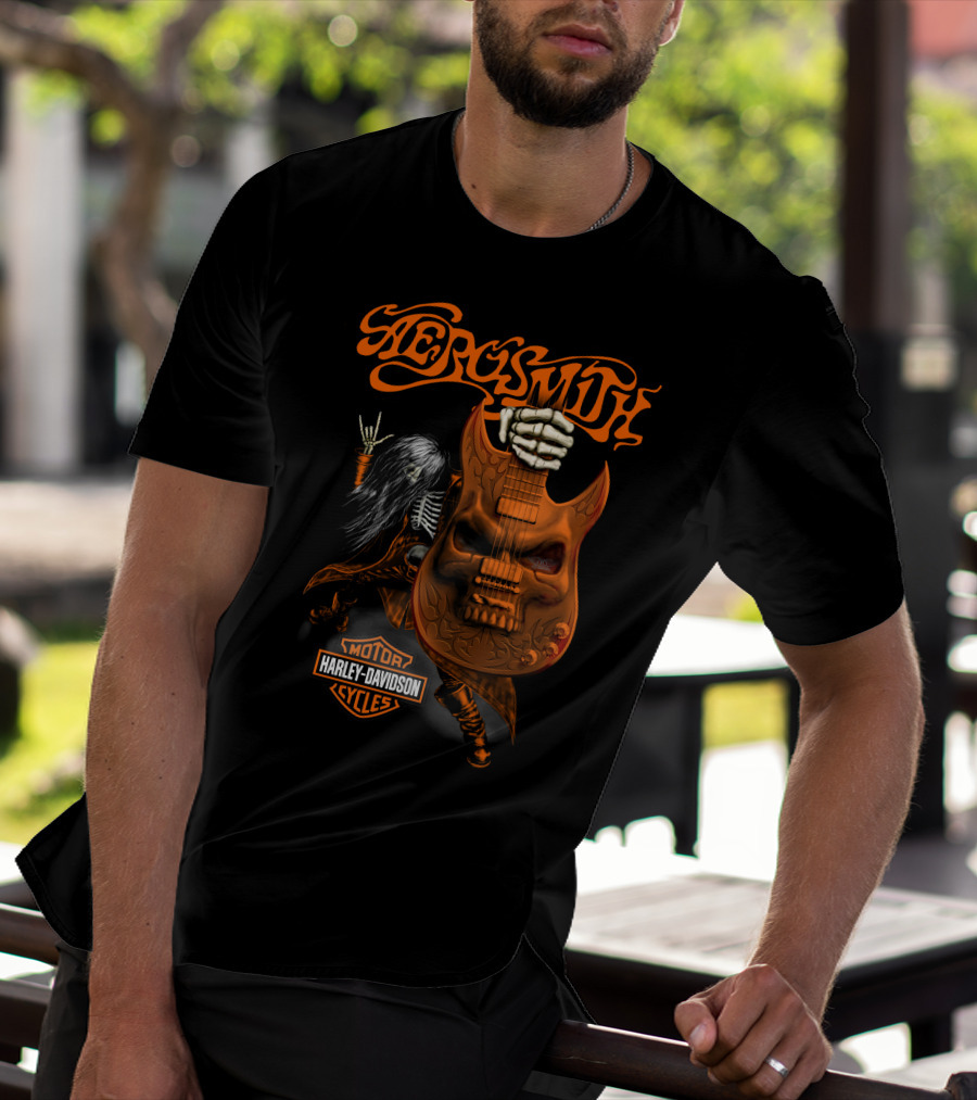 Aerosmith Harley Davidson Motor Cycles Rock Guitar Skull T-Shirt