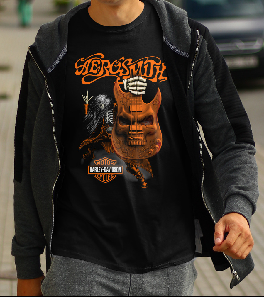 Aerosmith Harley Davidson Motor Cycles Rock Guitar Skull T-Shirt