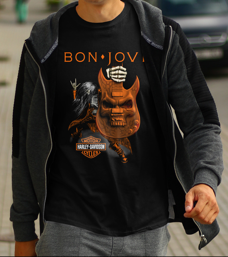 Bon Jovi Harley Davidson Cycles Skeleton Guitar Rockstar T-Shirt