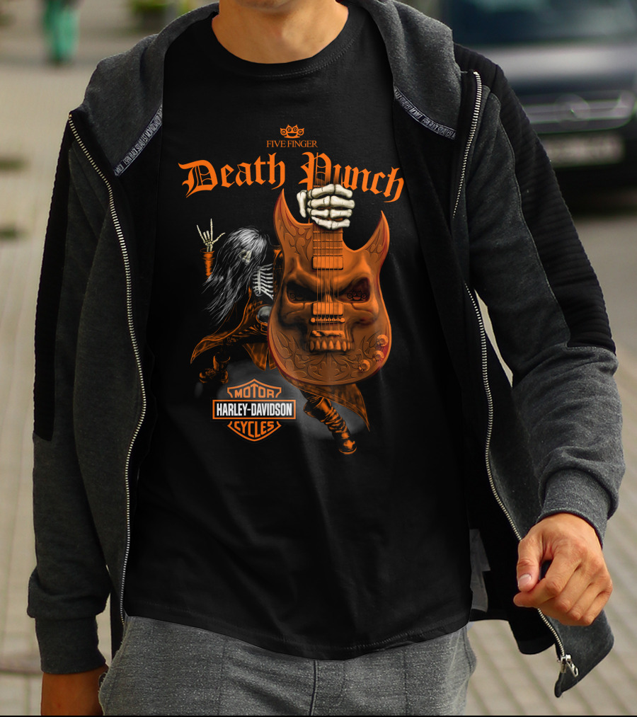 Five Finger Death Punch Harley Davidson Cycles Skeleton Guitar T-Shirt
