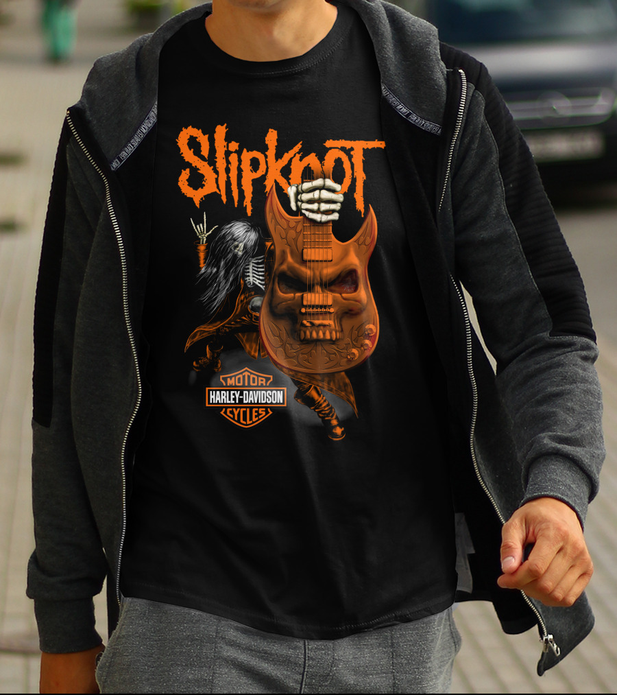 Slipknot Harley Davidson Motor Cycles Skull Guitar Skeleton Rock T-Shirt