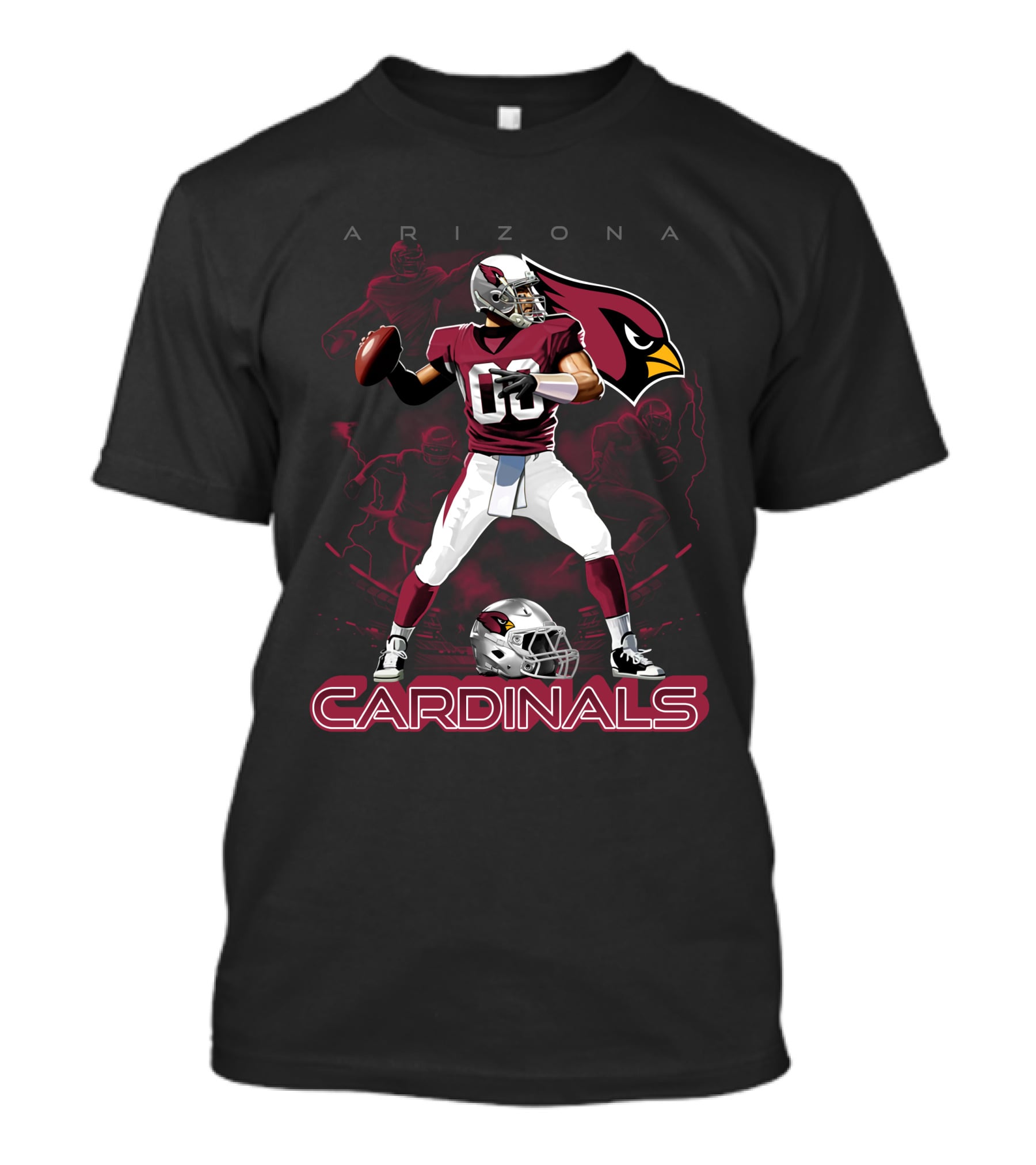 Arizona Cardinals Football Player Graphic With Team Logo And Helmet T-Shirt
