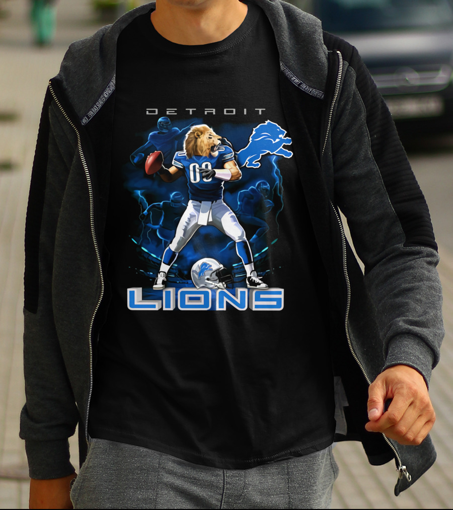 Detroit Lions Lion-Headed Quarterback Action Fantasy Scene T-Shirt