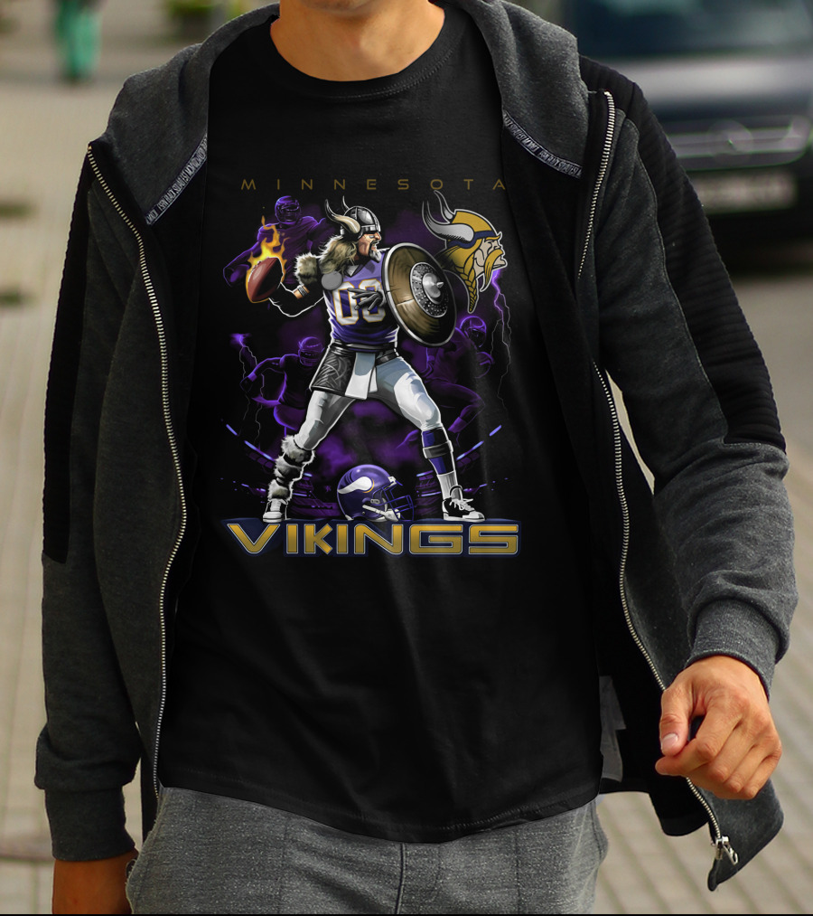 Minnesota Vikings Warrior With Football And Viking Helmet T-Shirt