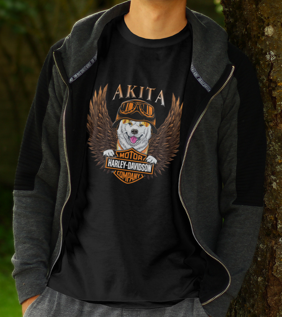 Akita Harley Davidson Motor Company Winged Dog Helmet T-Shirt